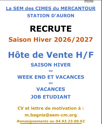 LA SEMCM STATION D’AURON RECHERCHE 1 HOTE/HOTESSE D’ACCUEIL (H/F)